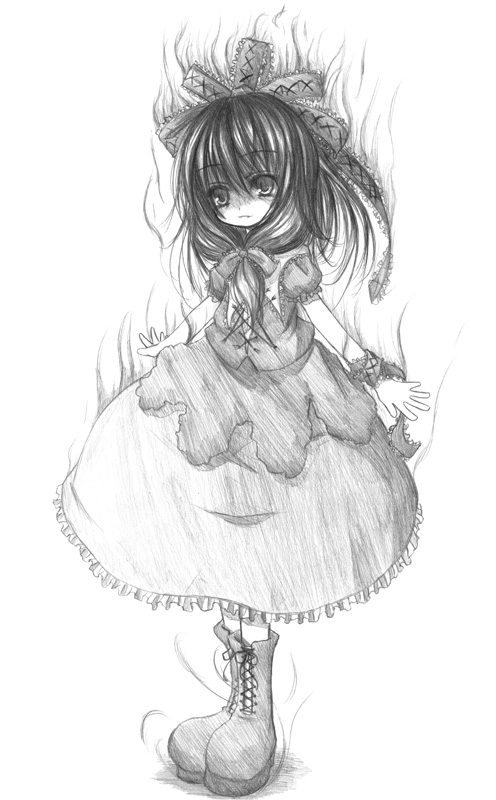 kurona, kagiyama hina, touhou, traditional media, 1girl, aura, boots, bow, female focus, frills, front ponytail, full body, greyscale, hair bow, hair ornament, hair ribbon, lace-up boots, long hair, monochrome, ribbon, simple background, solo, standing, white background