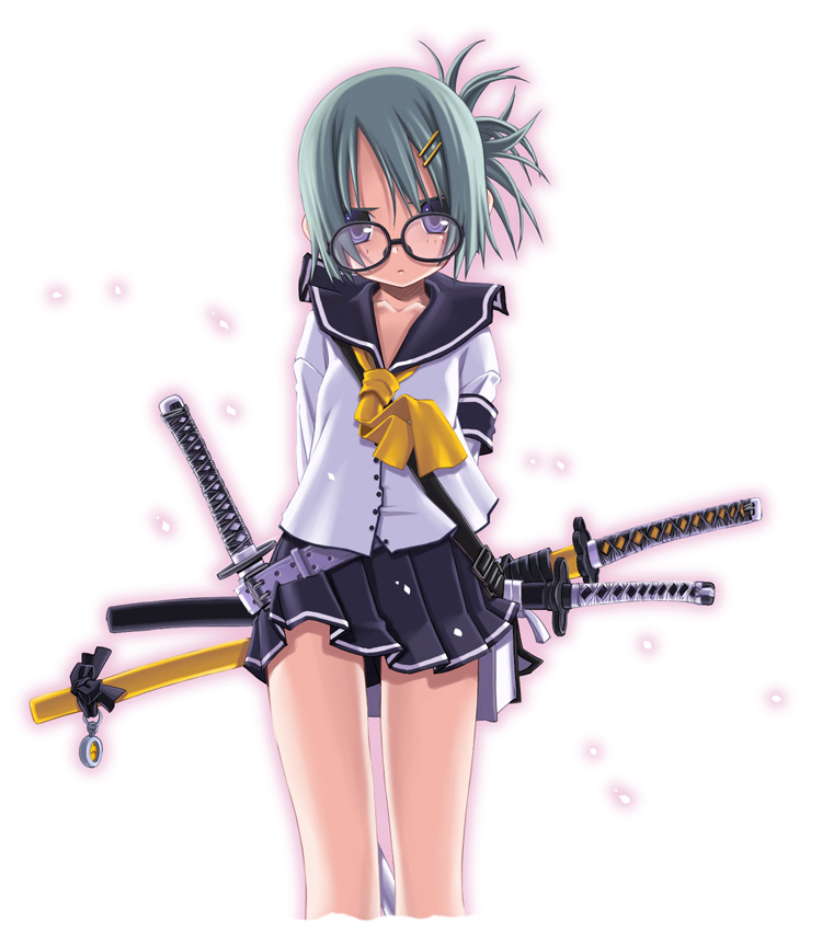 sakuya tsuitachi, original, reference work, 1girl, arms behind back, belt, blue eyes, book, female focus, glaring, glasses, gradient background, green hair, hair ornament, hairclip, hairpin, katana, necktie, pleated skirt, ponytail, school uniform, serafuku, skirt, solo, square-end necktie, sword, weapon