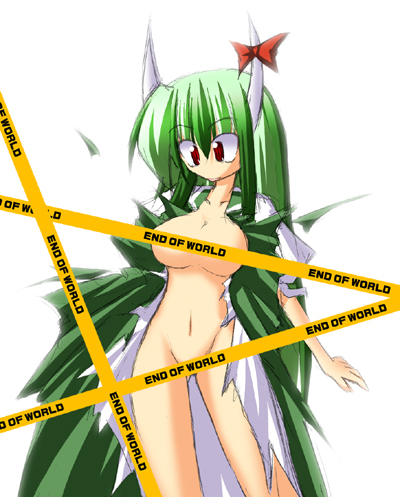 ichidai taisa, ex-keine, kamishirasawa keine, touhou, lowres, 1girl, breasts, caution tape, censored nipples, female focus, horn ornament, horn ribbon, horns, nude, ribbon, solo, white background
