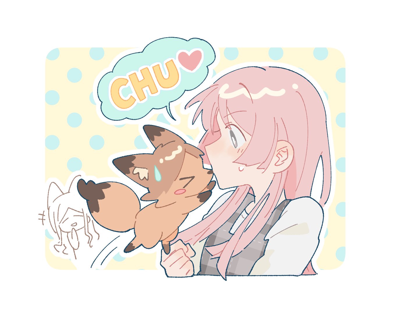 chihaya anon, nagasaki soyo, bang dream!, bang dream! it's mygo!!!!!, artist request, commission, second-party source, 2girls, animal ears, animalization, blush, fox, fox ears, fox girl, grey eyes, implied yuri, kemonomimi mode, long hair, multiple girls, pink hair, shirt, sweatdrop, white shirt