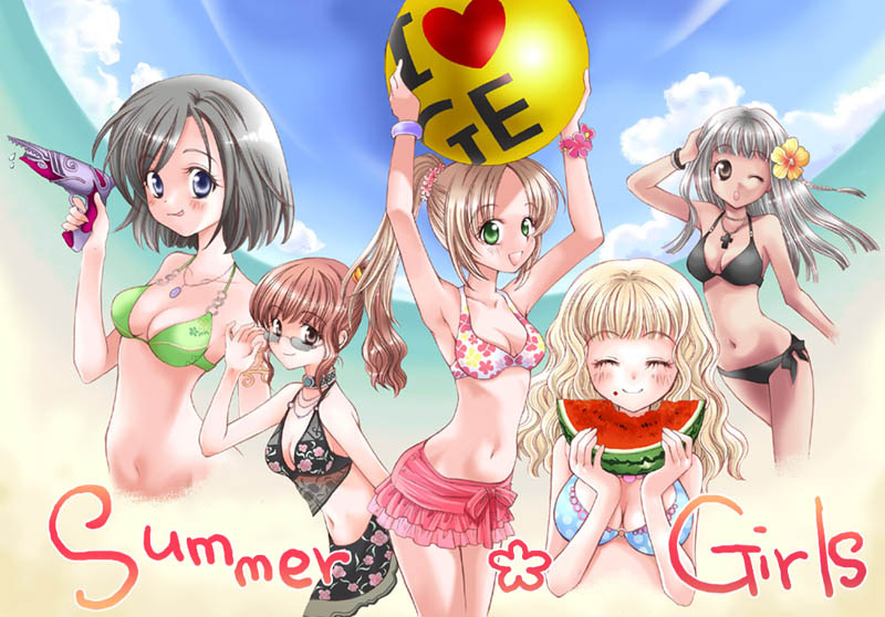 tuki, 5girls, ball, beachball, bikini, black bikini, day, floral print, food, frills, fruit, multiple girls, pink sarong, sarong, side-tie bikini bottom, swimsuit, watermelon