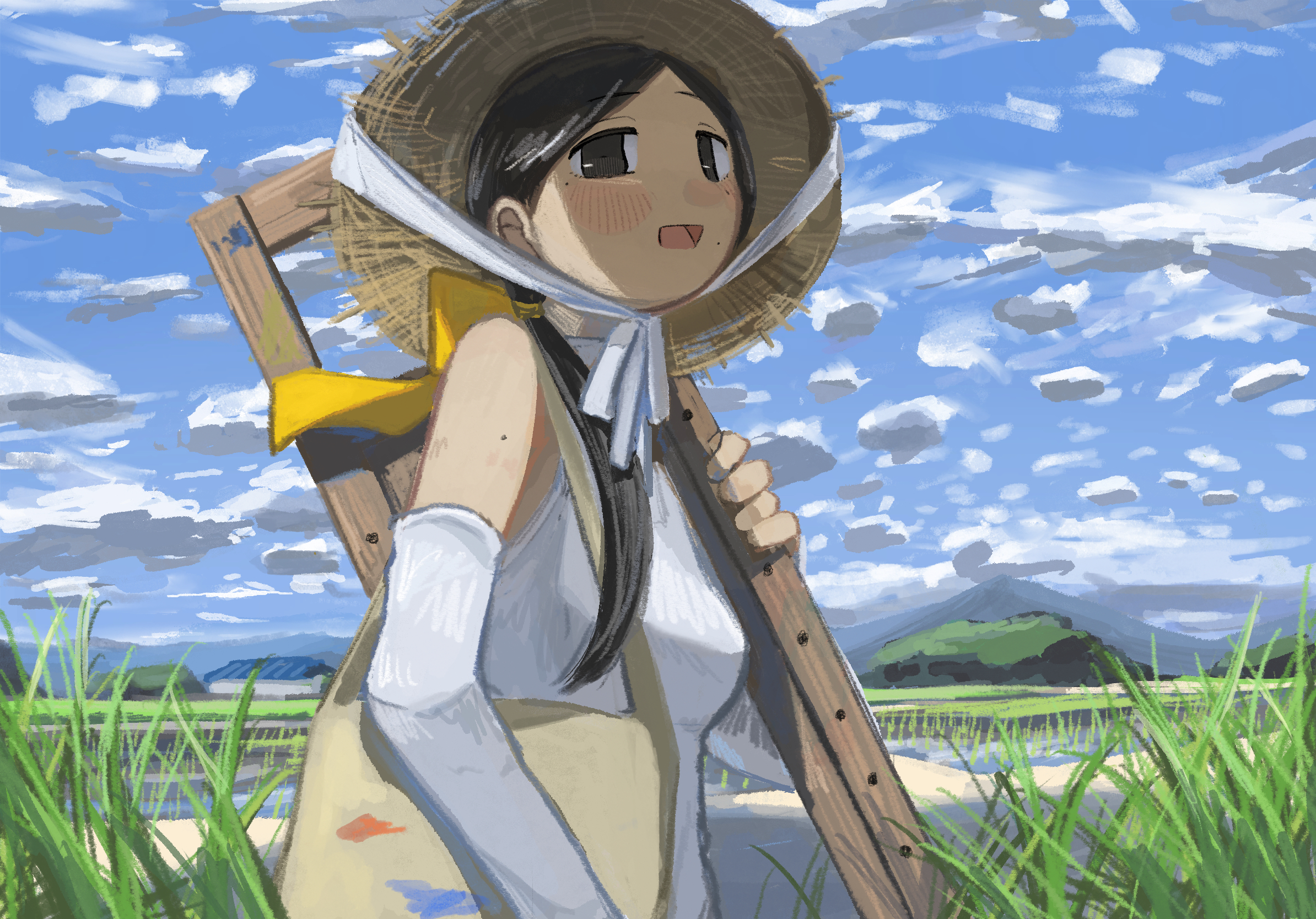 amamoto air, original, commentary, highres, 1girl, black eyes, black hair, cloud, cloudy sky, easel, from behind, hat, long hair, open mouth, outdoors, ponytail, rice paddy, rural, scenery, shirt, sky, sleeveless, sleeveless shirt, solo, straw hat, summer, white shirt