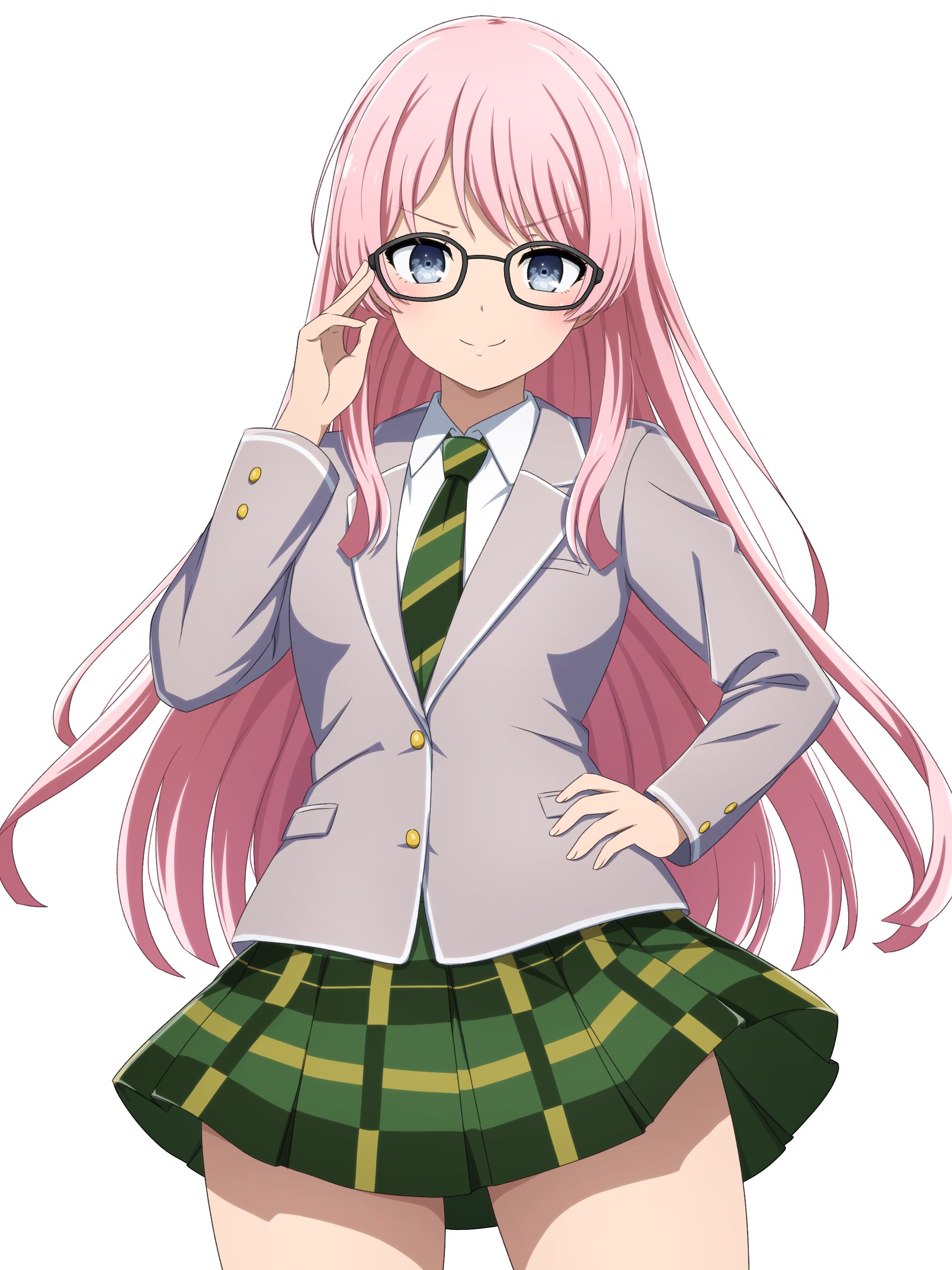 noshimurin, chihaya anon, bang dream!, bang dream! it's mygo!!!!!, absurdres, commentary, highres, 1girl, closed mouth, collared shirt, cowboy shot, diagonal-striped clothes, diagonal-striped necktie, glasses, green necktie, green skirt, grey eyes, grey jacket, hand on own hip, jacket, long hair, long sleeves, looking at viewer, necktie, pink hair, plaid clothes, plaid skirt, pleated skirt, shirt, simple background, skirt, solo, striped clothes, white background, white shirt