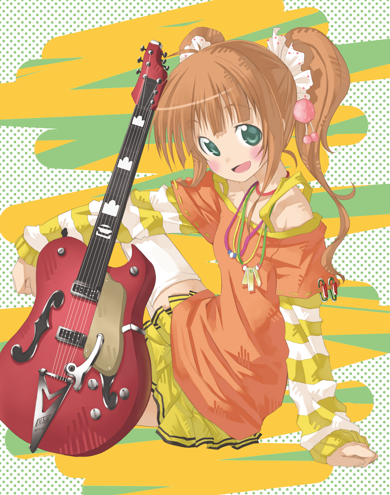 kazuki ren, takatsuki yayoi, idolmaster, idolmaster (classic), idolmaster 1, 00s, guitar, instrument, layered sleeves, off shoulder, solo, twintails