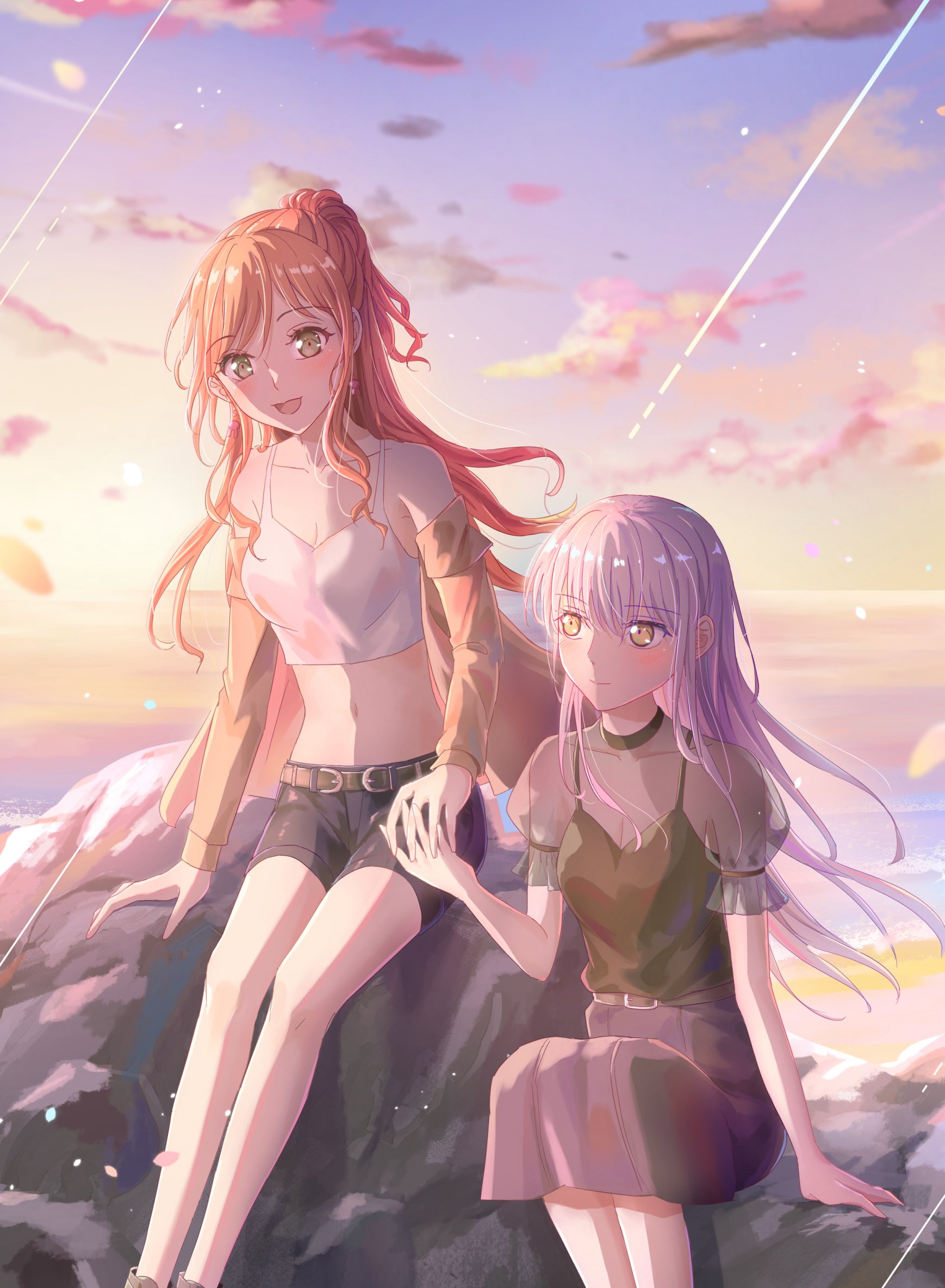 shih lion, imai lisa, minato yukina, bang dream!, commentary request, highres, 2girls, :3, belt, black belt, black camisole, blue shorts, breasts, brown hair, brown jacket, camisole, chibi, cleavage, cloud, earrings, green eyes, grey skirt, half updo, holding hands, interlocked fingers, jacket, jewelry, long hair, multiple girls, off shoulder, open mouth, outdoors, shorts, sidelocks, sitting, skirt, white camisole, yellow eyes, yuri
