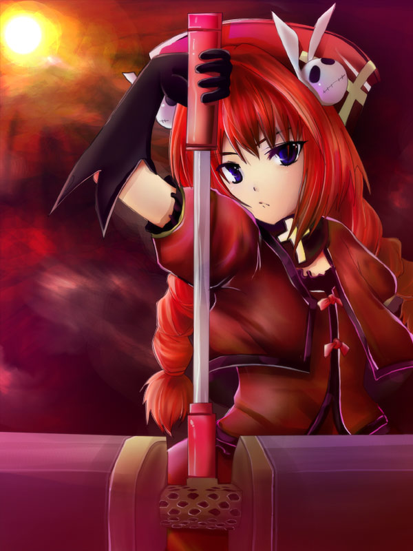 ruku (alicecreation), graf eisen, vita (nanoha), lyrical nanoha, mahou shoujo lyrical nanoha, mahou shoujo lyrical nanoha strikers, 00s, 1girl, ahoge, braid, female focus, gloves, hammer, hat, magical girl, red hair, solo, sun, twin braids