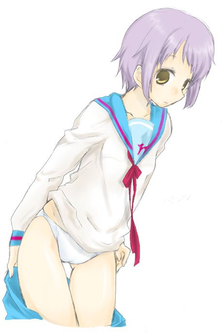 kona-ya, nagato yuki, suzumiya haruhi no yuuutsu, 00s, 1girl, female focus, panties, school uniform, serafuku, short hair, simple background, skirt, solo, underwear, undressing, unworn skirt, white background, white panties