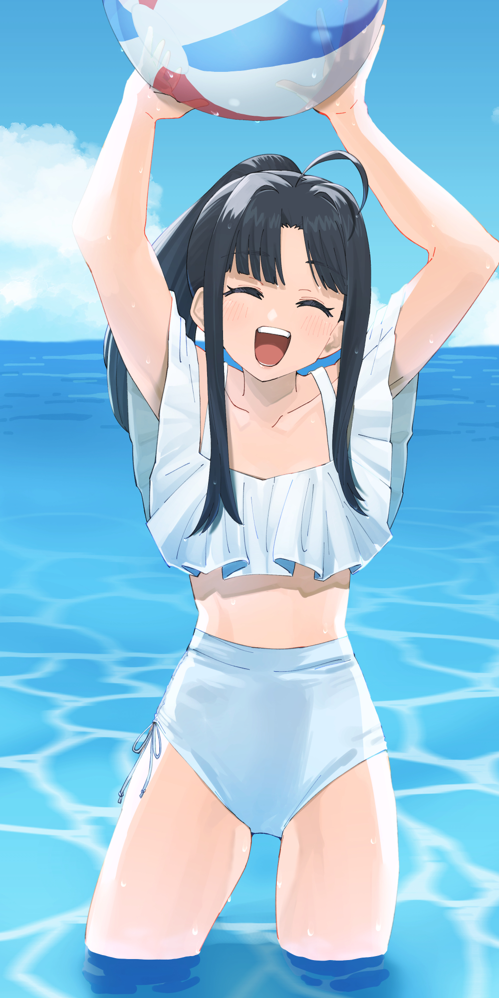 nes q, awa subaru, girls band cry, commentary request, highres, 1girl, ahoge, ball, beachball, bikini, black hair, blush, closed eyes, hair between eyes, holding, holding ball, holding beachball, long hair, ocean, open mouth, ponytail, solo, swimsuit, teeth, wading, white bikini