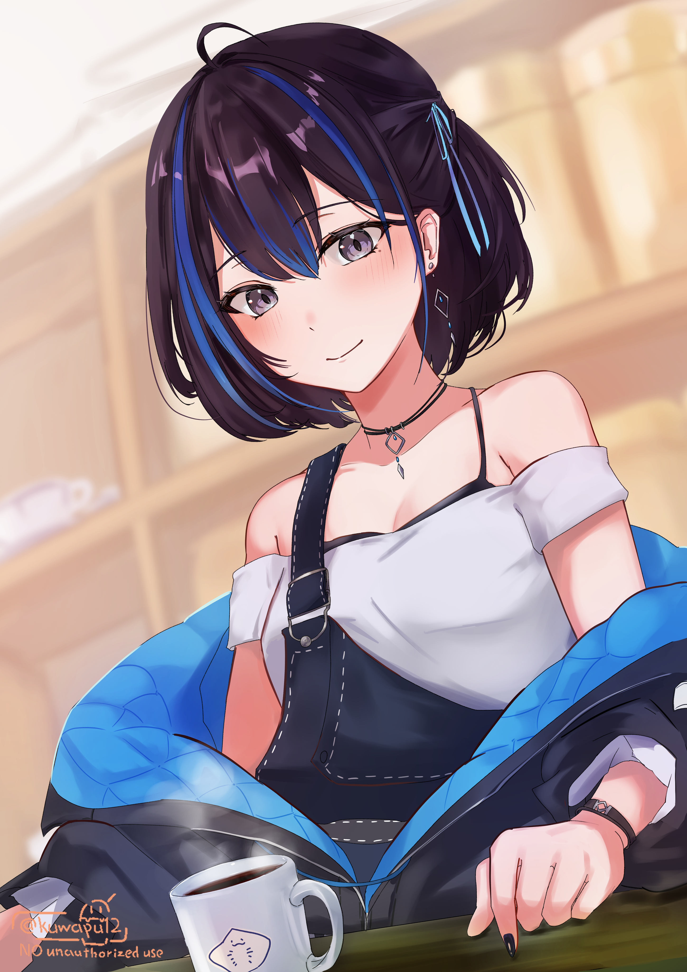 kuwapu12, yubari rei, indie virtual youtuber, absurdres, highres, 1girl, ahoge, black hair, black jacket, black nails, blue hair, coffee, denim overalls, earrings, grey eyes, jacket, jewelry, multicolored hair, shirt, smile, streaked hair, two-tone hair, virtual youtuber, white shirt