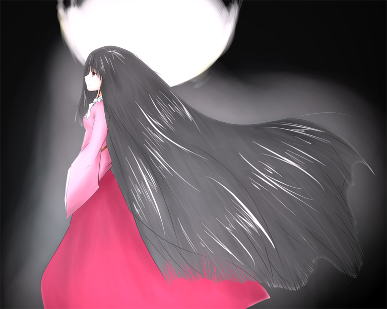 houraisan kaguya, touhou, 1girl, black hair, female focus, long hair, moon, profile, solo, very long hair