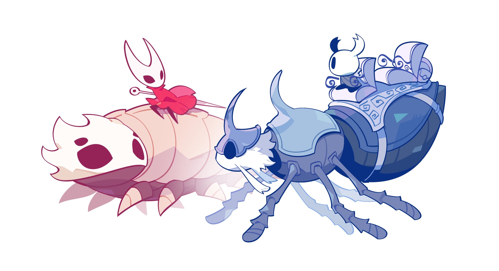 bradyclaph83904, bell beast (hollow knight), hornet (hollow knight), knight (hollow knight), hollow knight, hollow knight: silksong, highres, 1girl, 1other, hollow eyes, nail (hollow knight), needle (hollow knight), riding, simple background, sitting, the last stag, white background, white mask
