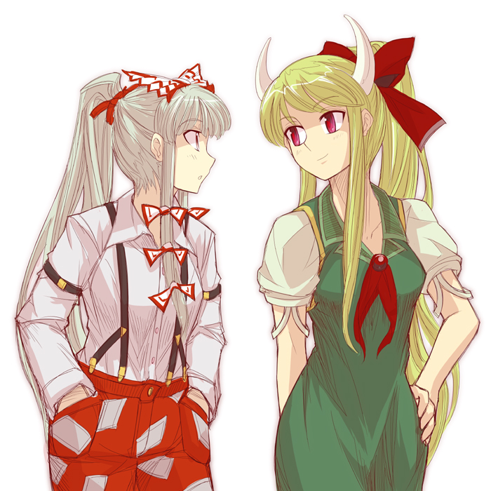 ex-keine, fujiwara no mokou, kamishirasawa keine, touhou, source request, 2girls, alternate hairstyle, female focus, multiple girls, ponytail, simple background, standing, suspenders, white background