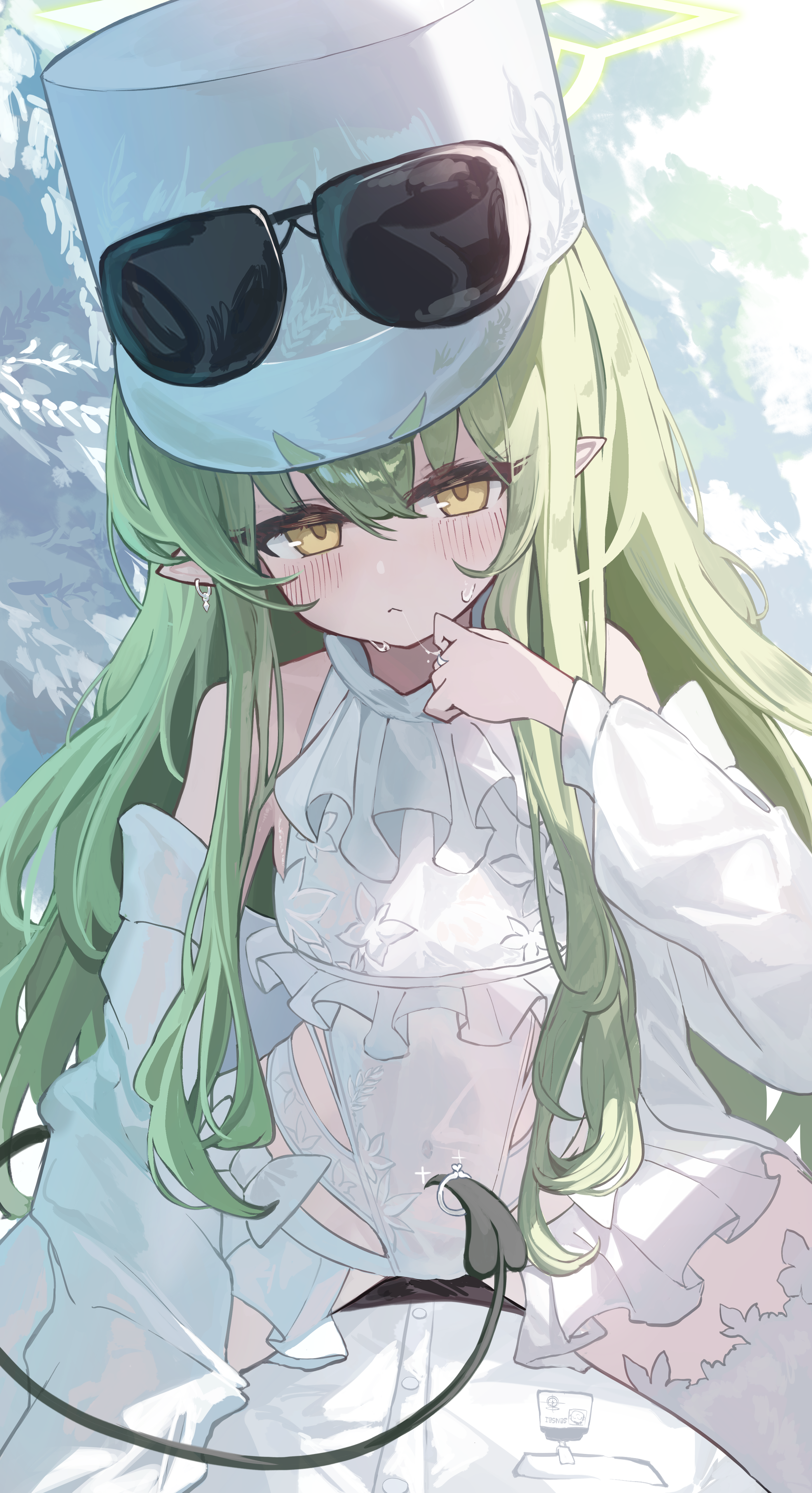 kabedoru, doodle sensei (blue archive), hikari (blue archive), sensei (blue archive), blue archive, absurdres, commentary request, highres, 1girl, blush, closed mouth, demon tail, earrings, eyewear on head, frills, girl on top, green hair, green halo, halo, hat, jewelry, large hat, leotard, long hair, long sleeves, looking at viewer, off shoulder, open clothes, peaked cap, pointy ears, skirt, solo focus, straddling, sweatdrop, tail, tail ornament, tail ring, thighhighs, white hat, white leotard, white skirt, white thighhighs, yellow eyes