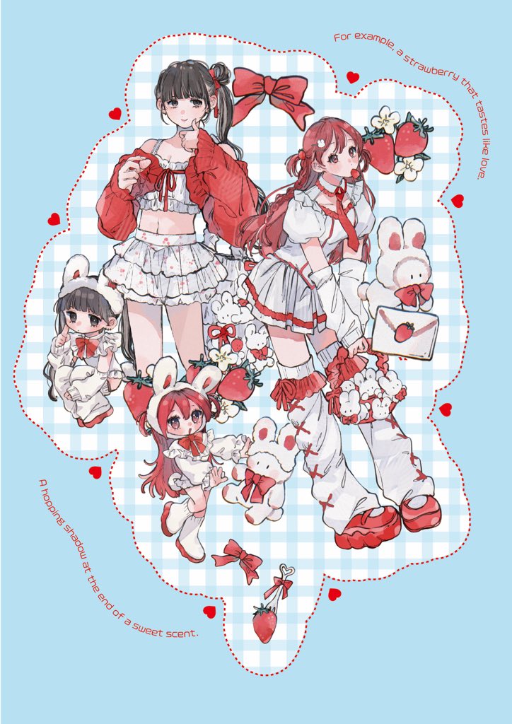 kashiwagi tsukiko, kuran arisa, ogino ichiko, inkya gyaru demo ikigaritai!, commentary, symbol-only commentary, 2girls, black eyes, black hair, braid, breasts, camisole, cleavage, closed mouth, crop top, dress, food, fruit, grey hair, layered skirt, long hair, midriff, multiple girls, red eyes, red hair, red shoes, shoes, side ponytail, skirt, strawberry, thighhighs, twintails, two side up, white arm warmers, white camisole, white dress, white skirt, white thighhighs
