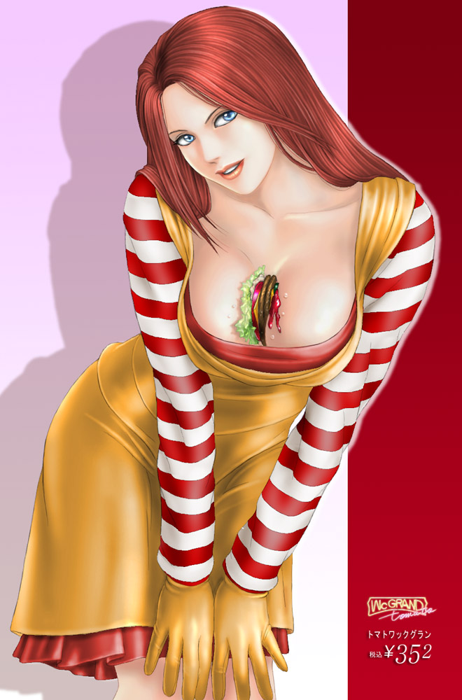 toten (der fuhrer), ronald mcdonald, mcdonald's, striped, 1girl, between breasts, blue eyes, breasts, burger, cleavage, clown, cosplay, female focus, food, food between breasts, genderswap, gloves, large breasts, leaning forward, long hair, makeup, mcgrand, parody, red hair, solo, standing
