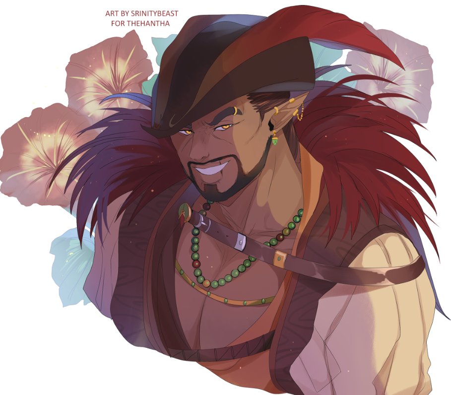 srinitybeast, original, commission, 1boy, artist name, bead necklace, beads, beard, belt, brown hair, dark-skinned male, dark skin, ear piercing, earrings, eyebrow piercing, face piercing, facial hair, flower, grin, hat, jewelry, medium hair, necklace, pectoral cleavage, pectorals, piercing, pirate, pointy ears, scar on lip, single earring, smile, tricorne, upper body, white background, yellow eyes
