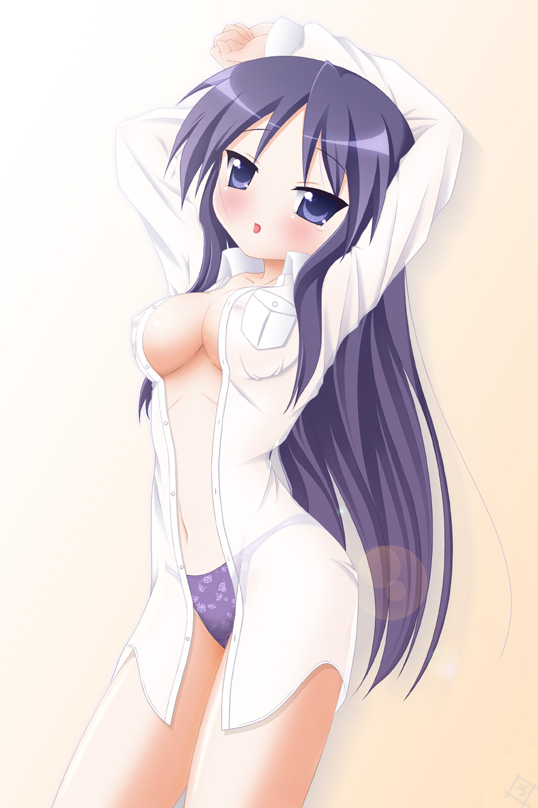 rodori gesu, hiiragi miki, lucky star, 00s, 1girl, blush, breasts, cleavage, dress shirt, female focus, impossible clothes, impossible shirt, long hair, midriff, navel, no bra, open clothes, open mouth, open shirt, panties, purple eyes, purple hair, shirt, solo, underwear