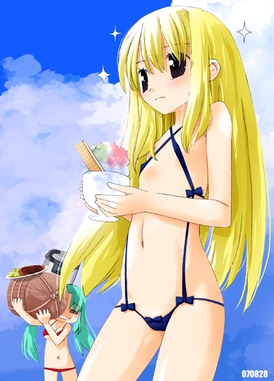 noto (soranoto), original, 2girls, bikini, blonde hair, dated, food, green hair, long hair, multiple girls, shaved ice, slingshot swimsuit, sparkle, string bikini, swimsuit, twintails