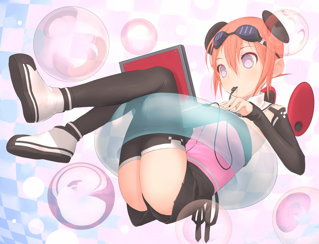 uni (plastic girl), original, 1girl, black ribbon, black shorts, black thighhighs, breasts, cable, checkered background, computer, female focus, floating, full body, goggles, goggles on head, hair between eyes, hair ornament, innertube, laptop, long sleeves, mouth hold, orange hair, orb, purple eyes, ribbon, see-through clothes, shoes, short hair, shorts, small breasts, solo, swim ring, thighhighs, transparent, upshorts