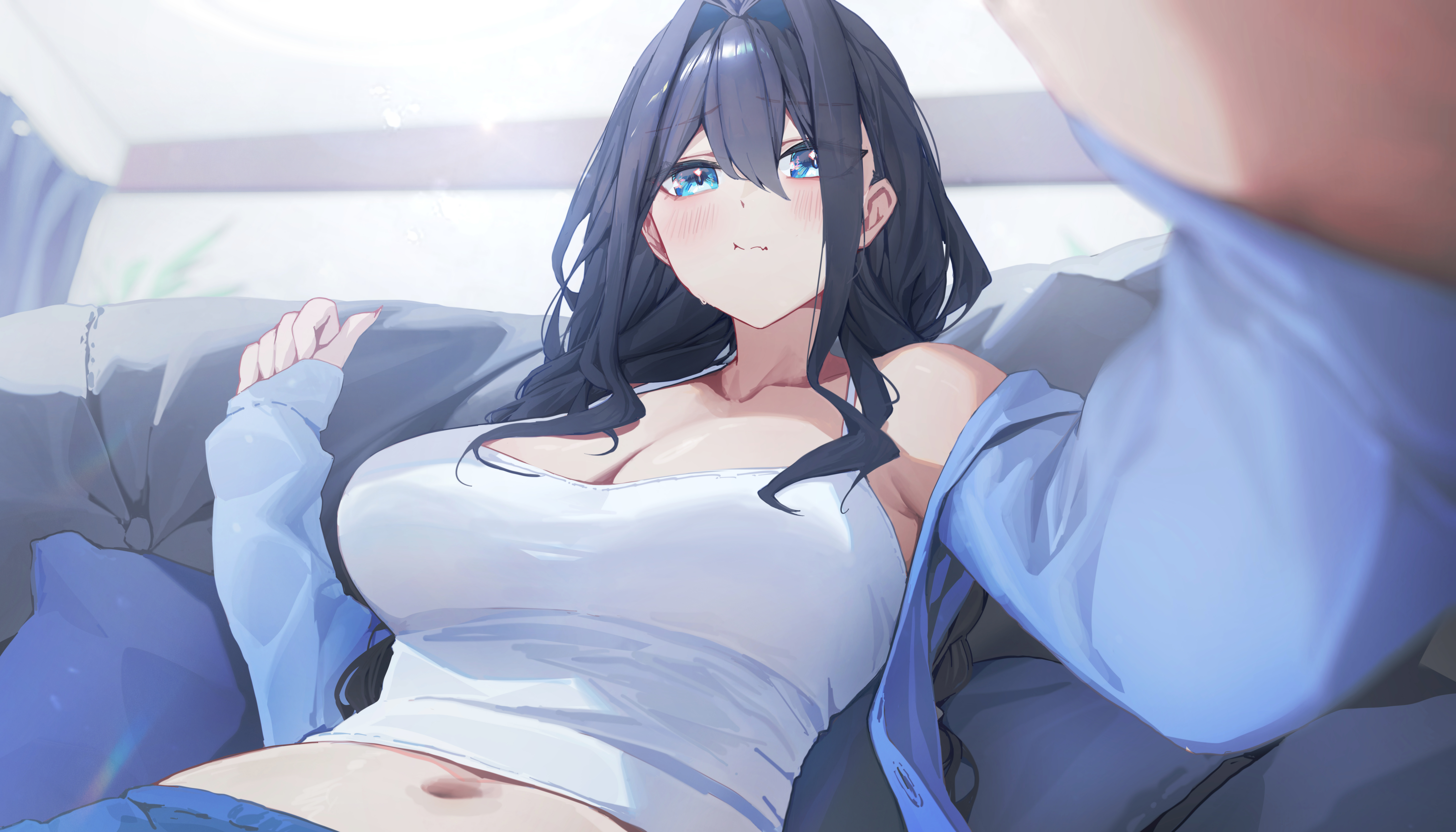 yoellim5, ouro kronii, hololive, hololive english, absurdres, commentary, highres, 1girl, alternate costume, black hair, blue jacket, breasts, camisole, casual, cleavage, closed mouth, hair intakes, indoors, jacket, large breasts, long hair, looking at viewer, navel, reaching, reaching towards viewer, solo, virtual youtuber, white camisole