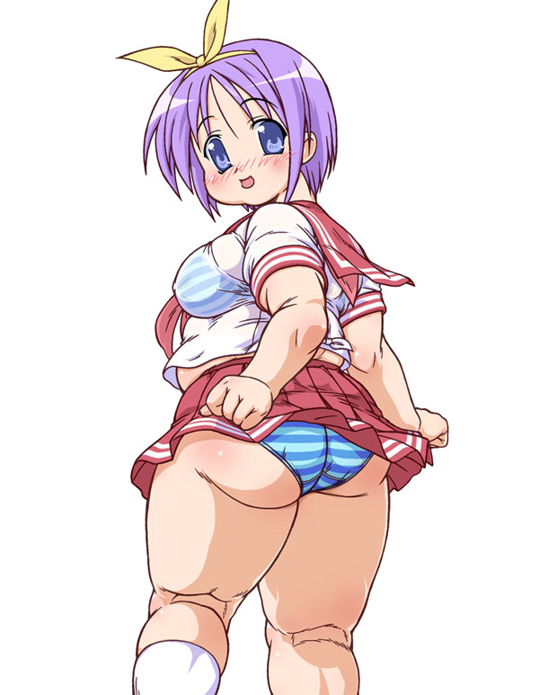 harumi-knd, hiiragi tsukasa, lucky star, 00s, 1girl, ass, belly, blue eyes, breasts, covered erect nipples, fat, fat woman, female focus, looking back, medium breasts, panties, pantyshot, purple hair, school uniform, serafuku, short hair, solo, standing, striped clothes, striped panties, thick thighs, thighs, underwear