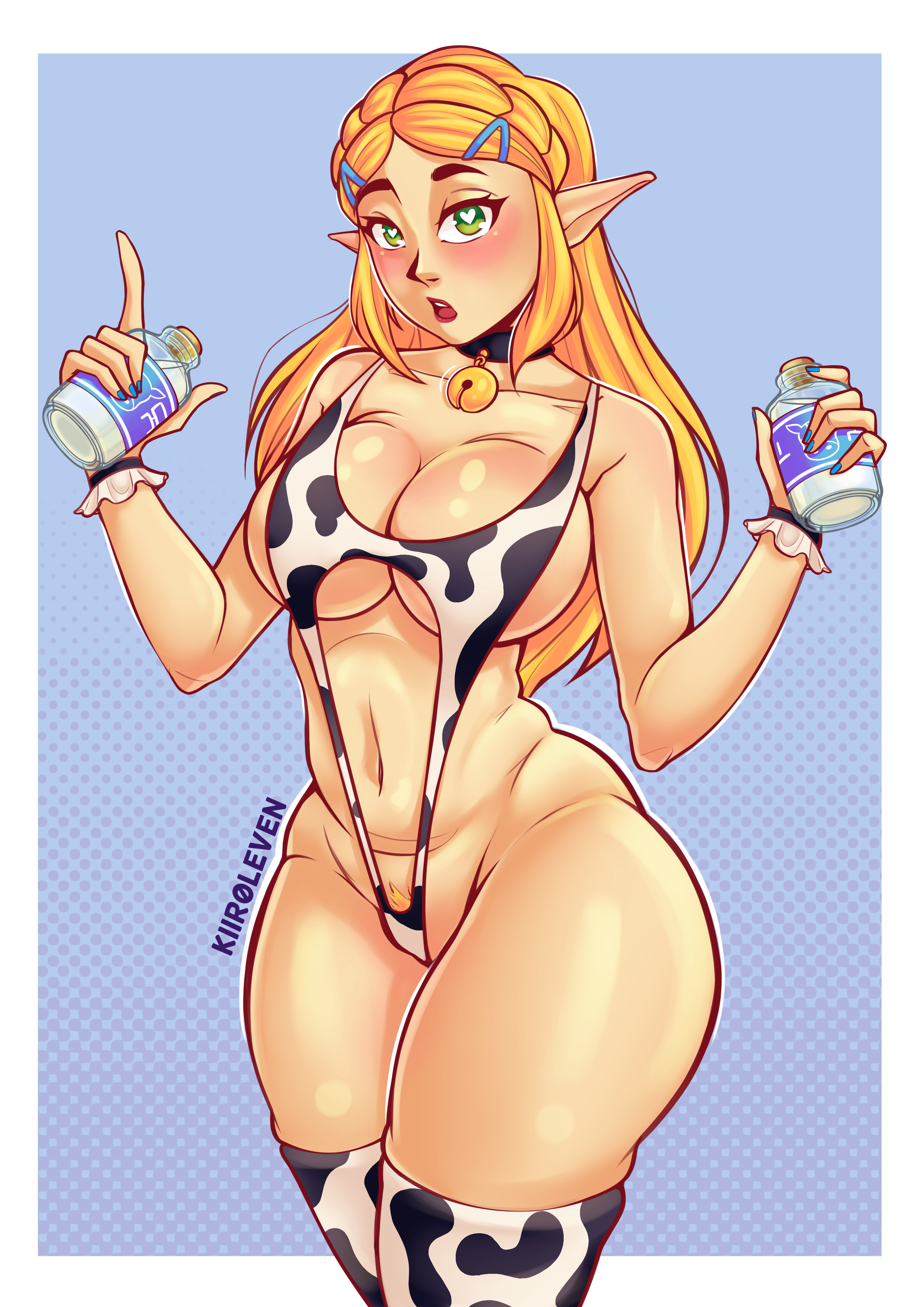 kiiroleven, princess zelda, nintendo, the legend of zelda, the legend of zelda: breath of the wild, absurdres, commentary, english commentary, highres, self-upload, variant set, 1girl, animal print, bell, breasts, cow print, cow print thighhighs, cowbell, large breasts, lon lon milk, mature female, print thighhighs, solo, thighhighs