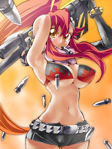 hyocorou, yoko littner, tengen toppa gurren lagann, 00s, anti-materiel rifle, armpits, belt, bikini, bikini top only, blush, breasts, bullet, cartridge, cleavage, elbow gloves, fingerless gloves, gloves, gun, hair ornament, large breasts, long hair, midriff, mouth hold, navel, ponytail, red hair, rifle, scarf, short shorts, shorts, sniper rifle, solo, studded belt, swimsuit, underboob, weapon, yellow eyes