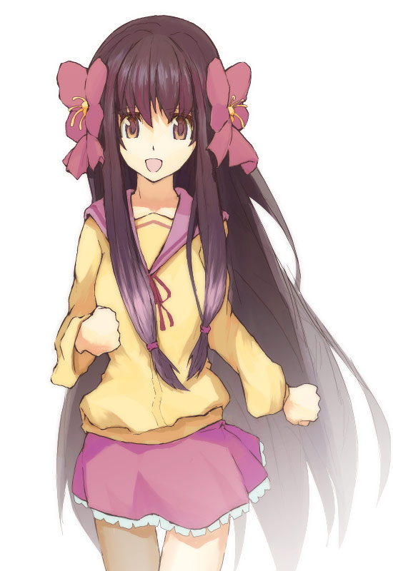 tsuki yuuhi, minamoto chikaru, strawberry panic!, 00s, 1girl, :d, bow, brown eyes, brown hair, female focus, flower, hair flower, hair ornament, long hair, open mouth, pink bow, sailor collar, school uniform, serafuku, simple background, smile, solo, very long hair, white background