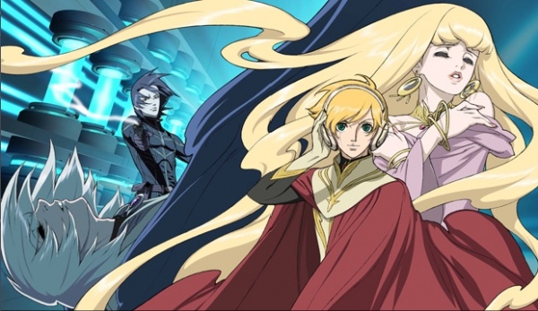 yuuki nobuteru, jomy marquis shin, keith anyan, physis, soldier blue, toward the terra, uniform, official art, 1girl, 3boys, black hair, blonde hair, cape, closed eyes, earrings, headphones, jewelry, lipstick, long hair, makeup, multiple boys, necklace