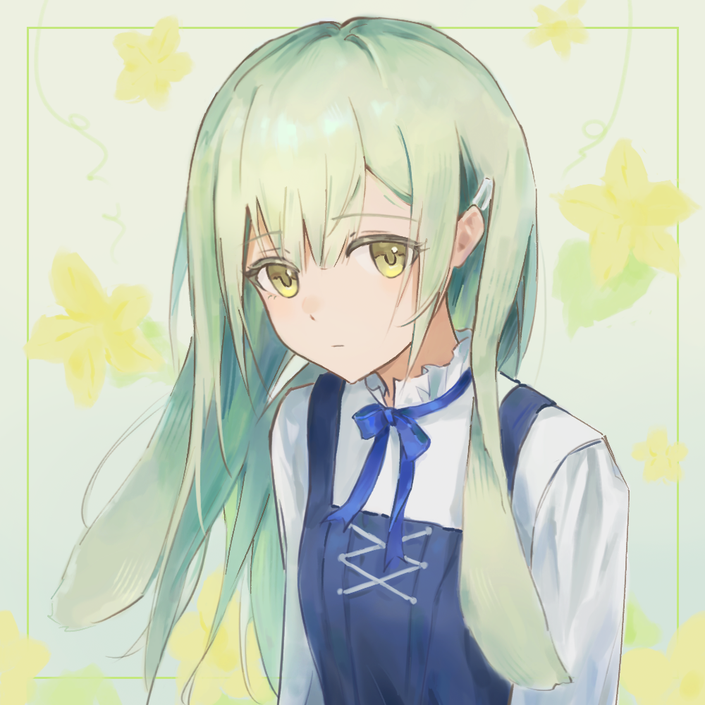 hu pi xuan jiao, wakaba mutsumi, arknights, bang dream!, bang dream! it's mygo!!!!!, commentary, 1girl, animal ears, blue dress, blue ribbon, dress, green hair, hair ornament, hairclip, long hair, looking at viewer, neck ribbon, pinafore dress, rabbit ears, rabbit girl, ribbon, shirt, sleeveless, sleeveless dress, solo, upper body, wakaba mutsumi (marionette's id), white shirt, yellow eyes