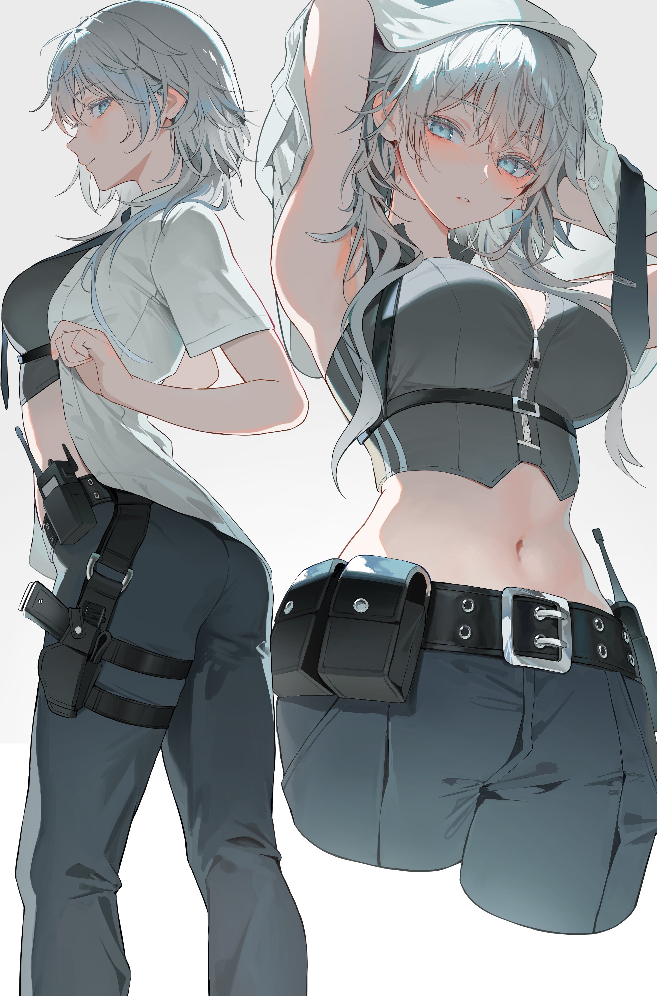 myabit, original, absurdres, highres, 1girl, ass, belt, black belt, black necktie, black pants, black shirt, blue eyes, breasts, closed mouth, collared shirt, cropped legs, grey background, gun, handgun, holster, holstered, looking at viewer, medium breasts, midriff, multiple views, navel, necktie, open clothes, open shirt, pants, parted lips, pouch, radio, shirt, short hair, short hair with long locks, short sleeves, simple background, thigh holster, undressing, utility belt, weapon, white background, white hair, white shirt, zipper pull tab