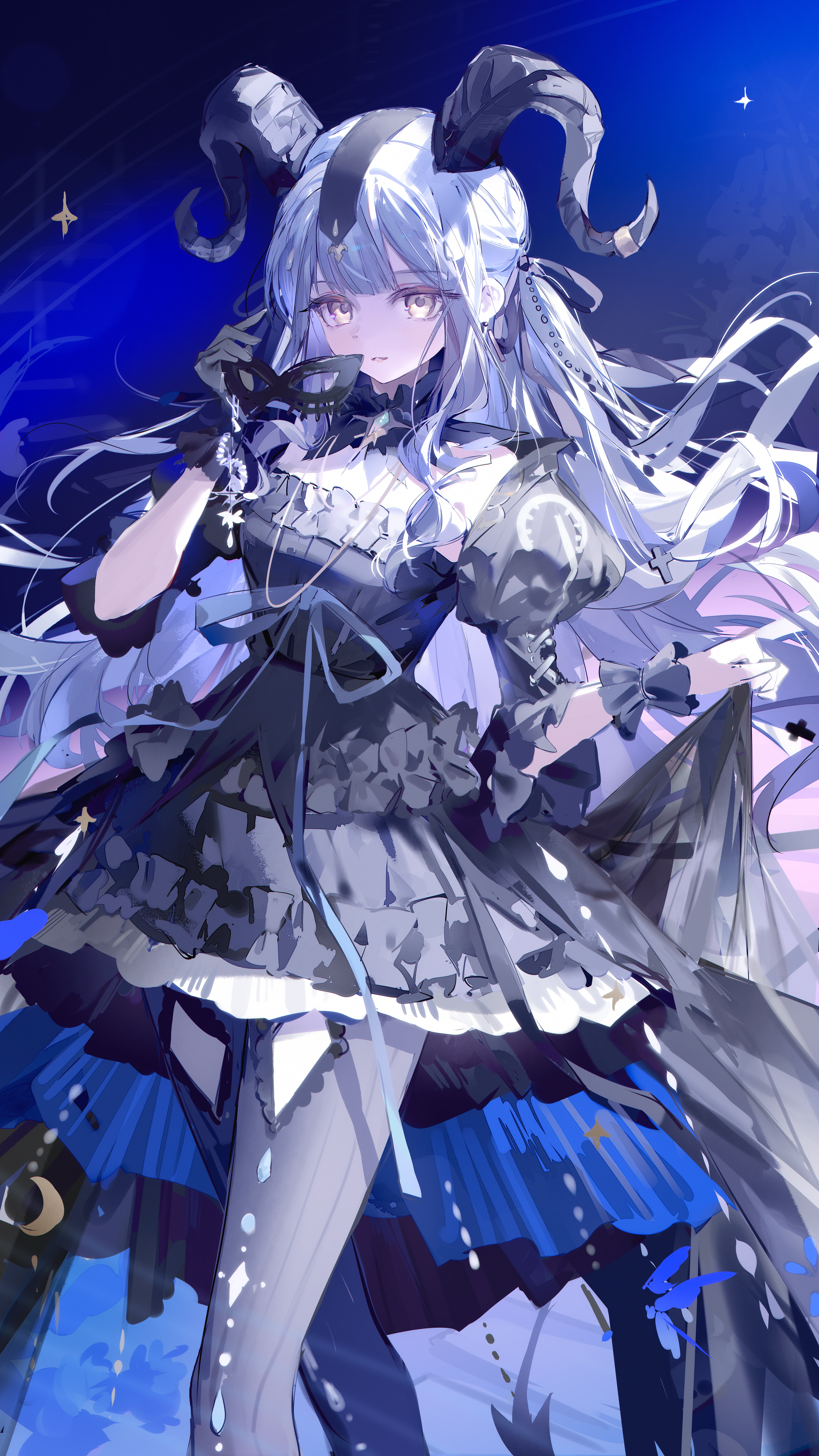 luozhou pile, togawa sakiko, arknights, bang dream!, bang dream! it's mygo!!!!!, absurdres, commentary, highres, 1girl, black dress, black gloves, black mask, black ribbon, black thighhighs, dress, frilled dress, frills, gloves, hair ribbon, holding, holding mask, horns, mask, masquerade mask, open mouth, ribbon, single glove, solo, tail, thighhighs, togawa sakiko (master of melodia), yellow eyes