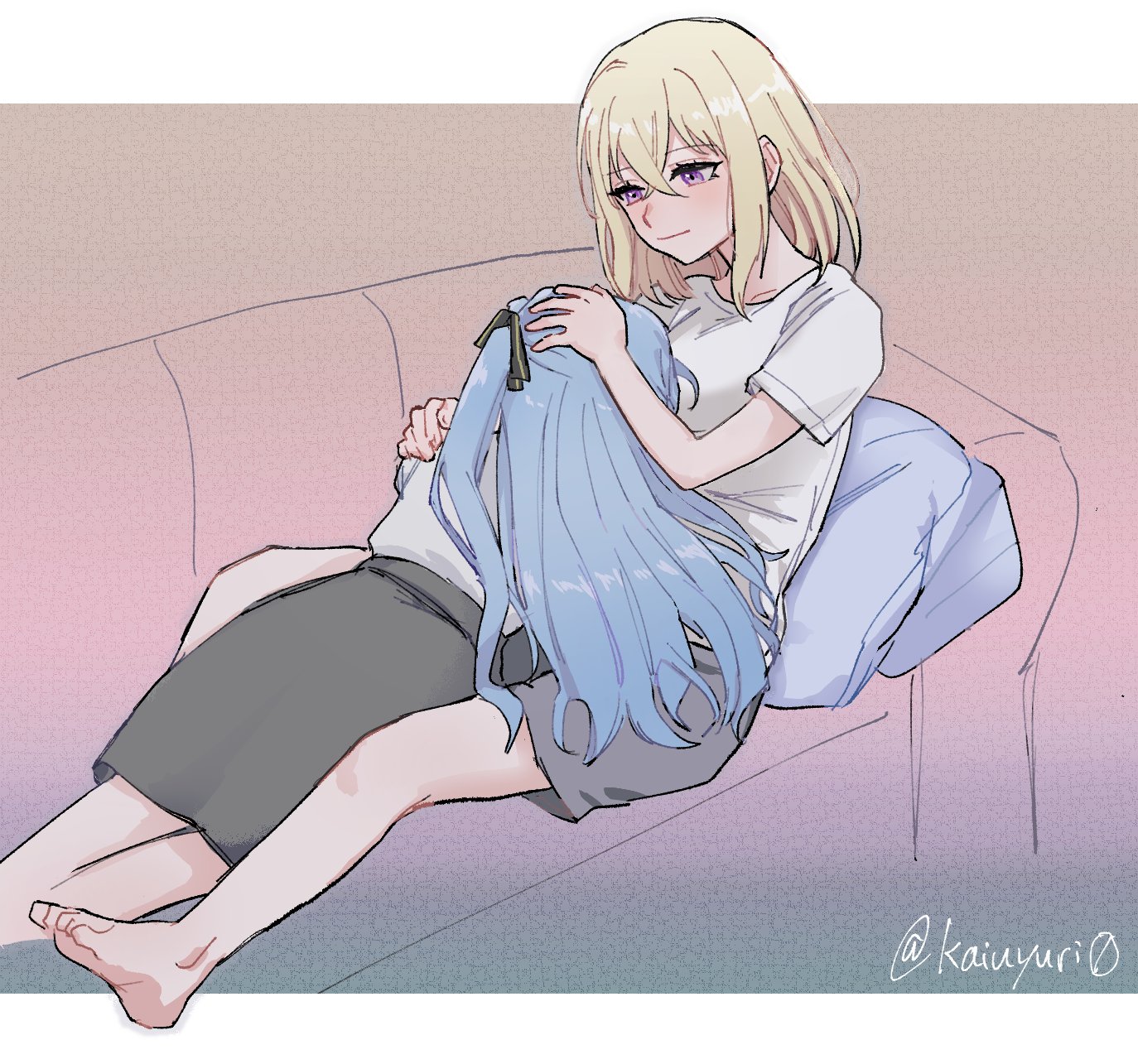 penguinbu, misumi uika, togawa sakiko, bang dream!, bang dream! it's mygo!!!!!, commentary request, highres, 2girls, barefoot, blonde hair, blue hair, couch, grey skirt, hair between eyes, hand on another's head, hug, long hair, lying, multiple girls, purple eyes, shirt, short sleeves, skirt, two side up, white shirt, yuri
