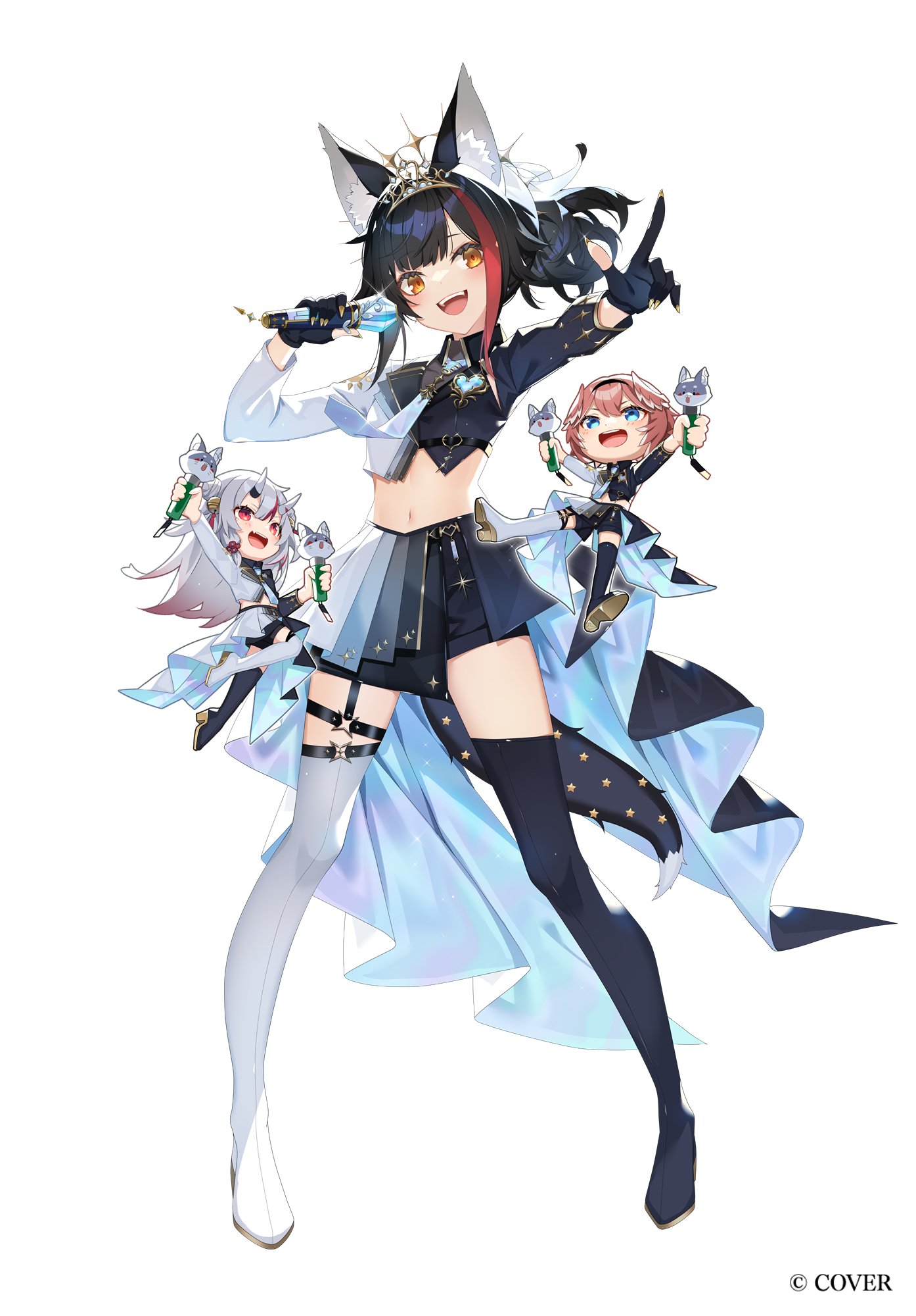 ishihara (kuniyoshi), nakiri ayame, ookami mio, ookami mio (our sparkle), takane lui, hololive, commentary request, highres, official art, 3girls, :d, animal ear fluff, animal ears, asymmetrical footwear, black boots, black gloves, black hair, black jacket, black shorts, black skirt, boots, chibi, copyright notice, cropped jacket, full body, garter straps, gloves, gold tiara, hair ornament, hairclip, heart-shaped gem, high-low skirt, holding, holding microphone, jacket, legs apart, looking at viewer, microphone, midriff, mismatched footwear, multicolored hair, multicolored jacket, multiple girls, navel, o-ring, o-ring bottom, official alternate costume, official alternate hairstyle, open mouth, outstretched arm, overskirt, partially fingerless gloves, pleated skirt, ponytail, red hair, short hair, short shorts, shorts, shorts under skirt, sidelocks, simple background, single garter strap, skirt, smile, standing, streaked hair, tail, thigh boots, two-tone jacket, two-tone skirt, virtual youtuber, white background, white boots, white jacket, white skirt, wolf ears, wolf girl, wolf tail, yellow eyes