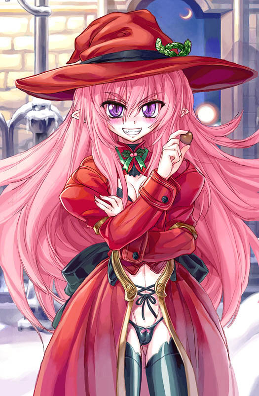 yatsuyaku ashiya, original, 1girl, candy, chocolate, chocolate heart, crossed arms, female focus, food, hat, heart, long hair, lowleg, lowleg panties, panties, pink hair, pointy ears, purple eyes, solo, thighhighs, underwear, witch hat