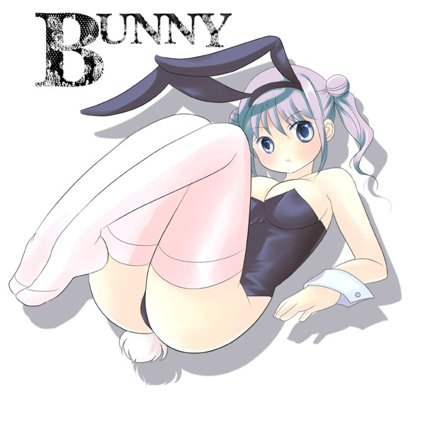 tsukihito, original, animal ears, double bun, fake animal ears, full body, hair bun, leotard, playboy bunny, rabbit ears, rabbit tail, simple background, solo, tail, thighhighs, white background