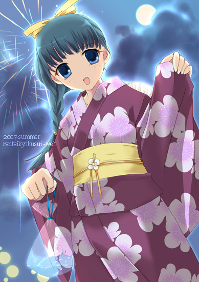 nazen shikana, original, 1girl, :o, aerial fireworks, blue eyes, braid, female focus, fireworks, full moon, green hair, japanese clothes, kimono, moon, night, open mouth, pouch, red kimono, solo, yukata