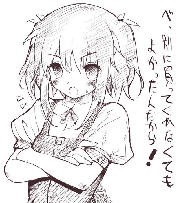 mutsutake, original, translated, blush, crossed arms, monochrome, school uniform, serafuku, solo, tsundere, twintails