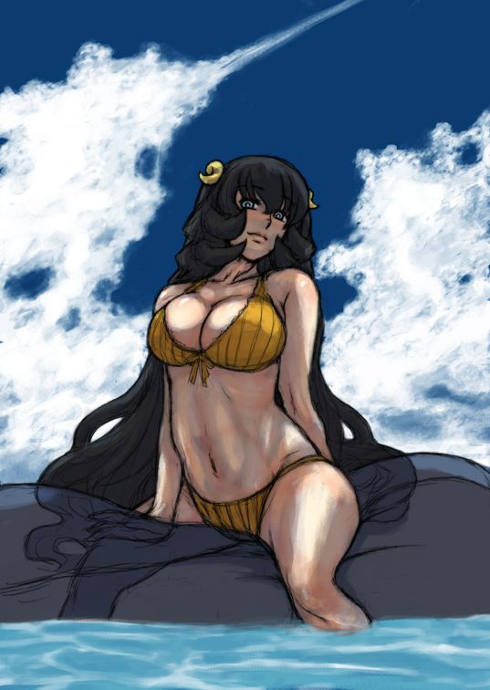 aizawa yoshihiko, original, 1girl, bikini, black hair, blue sky, breasts, cleavage, cloud, day, female focus, large breasts, long hair, outdoors, sky, solo, straddling, striped bikini, striped clothes, swimsuit, transparent, vertical-striped bikini, vertical-striped clothes, very long hair, water, yellow bikini