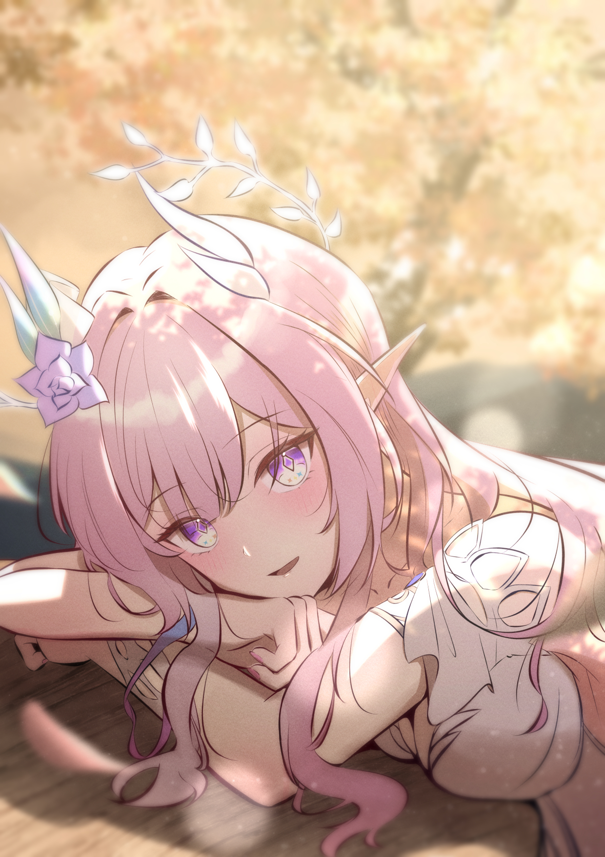 mashiro (user 65392488), cyrene (honkai: star rail), honkai: star rail, honkai (series), commentary request, highres, 1girl, blurry, blurry background, blush, breasts, cleavage, diamond-shaped pupils, diamond (shape), from side, hair ornament, head tilt, long hair, looking at viewer, looking to the side, medium breasts, open mouth, pink hair, pointy ears, purple eyes, sidelocks, smile, solo, symbol-shaped pupils