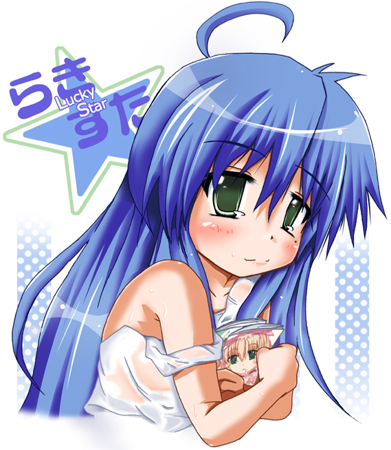 uta (utaite), hinaichigo, izumi konata, lucky star, rozen maiden, 00s, 1girl, ahoge, blue hair, blush, book, camisole, female focus, green eyes, long hair, mole, mole under eye, polka dot, smile, solo, star (symbol), strap slip, sweat