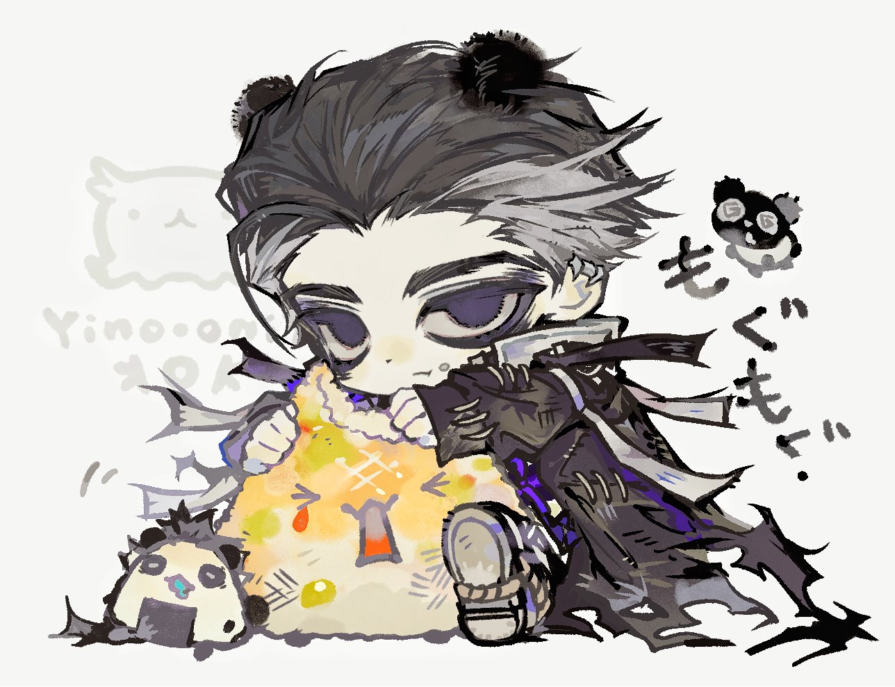 gachiakuta, 1boy, animal ears, bags under eyes, black coat, black eyes, black hair, chibi, coat, colored inner hair, food, grey hair, looking at viewer, multicolored hair, onigiri, panda ears, sitting, solo, white hair, yinooko, zodyl typhon