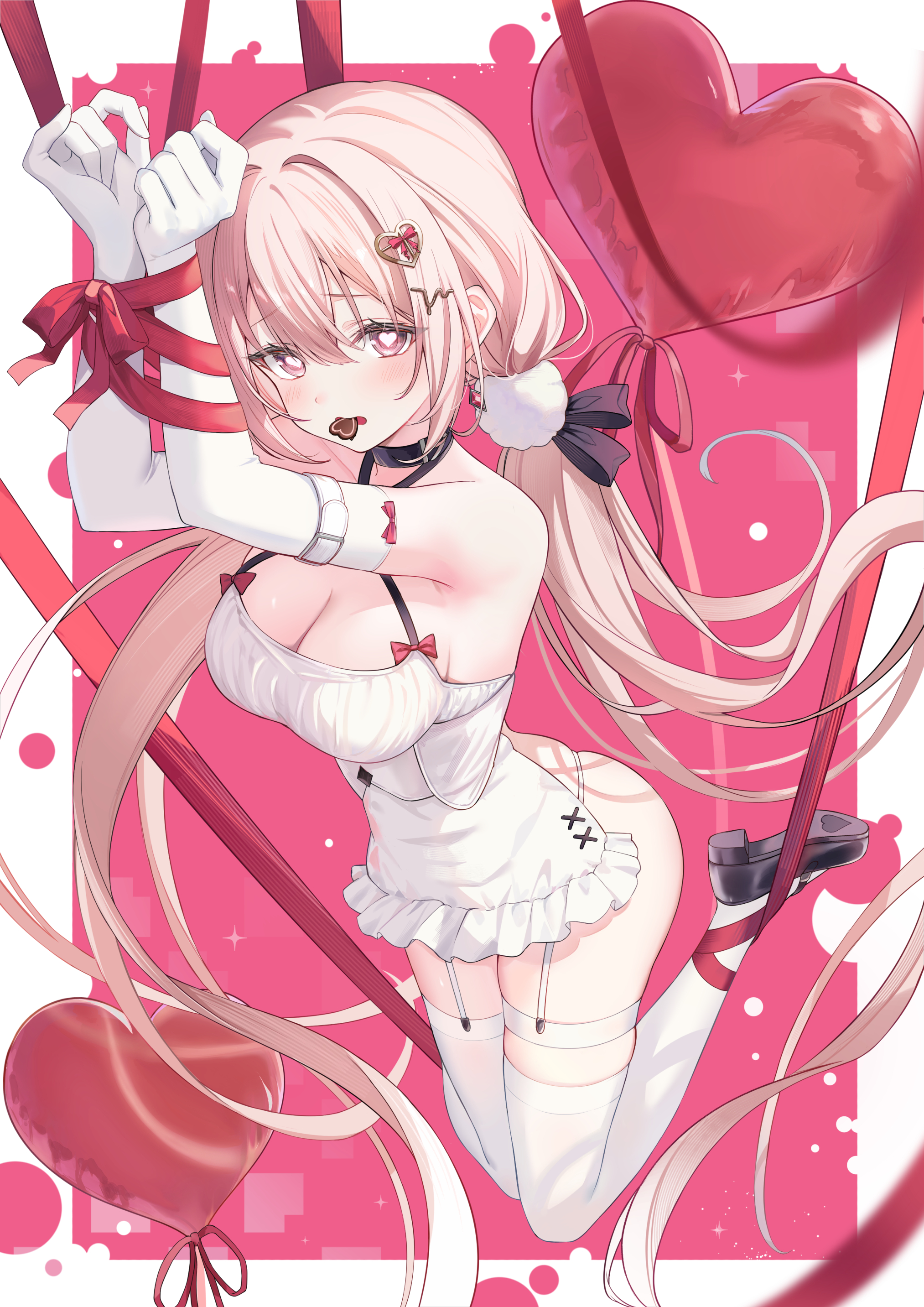 sora01o, original, absurdres, commentary, highres, symbol-only commentary, 1girl, :d, apron, arm belt, balloon, bare shoulders, belt, black bow, black shoes, blonde hair, blush, border, bound, bound legs, bound wrists, bow, breasts, chest strap, cleavage, collarbone, detached sleeves, elbow gloves, frilled apron, frills, full body, furrowed brow, garter straps, gloves, hair between eyes, hair bow, hair ornament, hairclip, hanging, heart, heart-shaped pupils, heart balloon, holding, kneeling, large breasts, long hair, looking at viewer, low twintails, naked apron, open mouth, outside border, pink background, pink eyes, red bow, red eyes, red ribbon, ribbon, shoes, sidelocks, smile, solo, symbol-shaped pupils, thighhighs, tied up (nonsexual), twintails, very long hair, white apron, white belt, white border, white gloves, white thighhighs