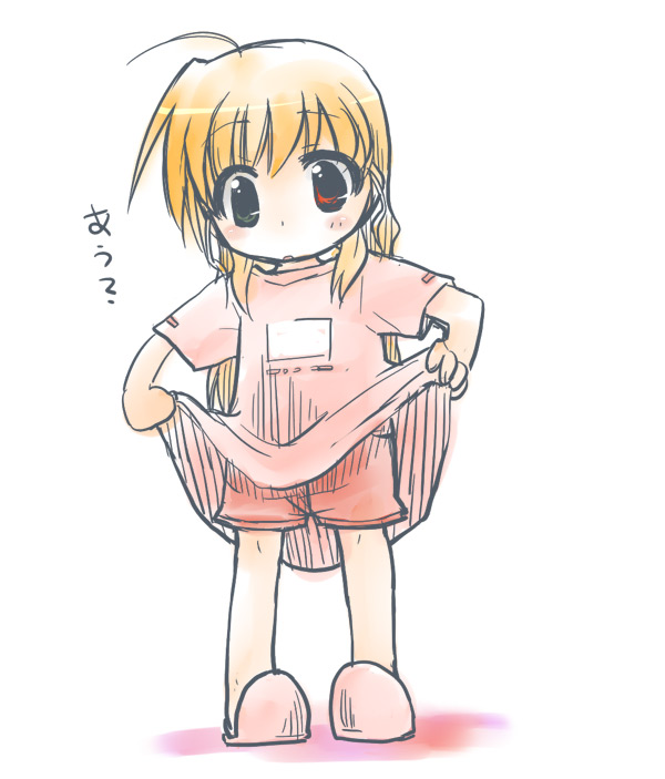 kajikawa yahiro, vivio, lyrical nanoha, mahou shoujo lyrical nanoha, mahou shoujo lyrical nanoha strikers, 00s, 1girl, ahoge, blonde hair, blush, chibi, female focus, full body, green eyes, heterochromia, red eyes, shorts, simple background, slippers, solo, standing, tareme, white background