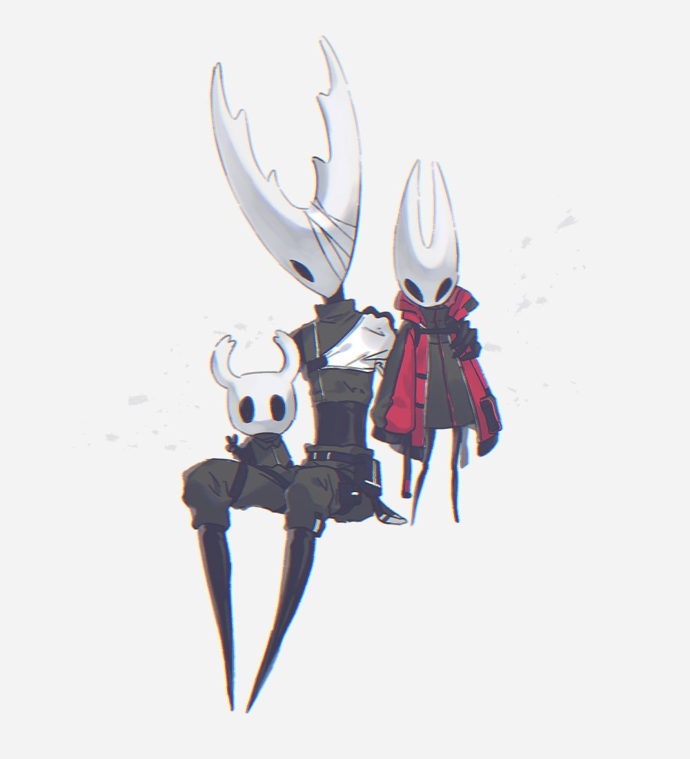 hollow knight (character), hornet (hollow knight), knight (hollow knight), hollow knight, commentary request, korean commentary, 1girl, 2others, 5252hk, black cloak, black dress, black jacket, black pants, cloak, dress, hollow eyes, jacket, looking at viewer, multiple others, pants, red jacket, siblings, simple background, techwear, v, white background, white mask