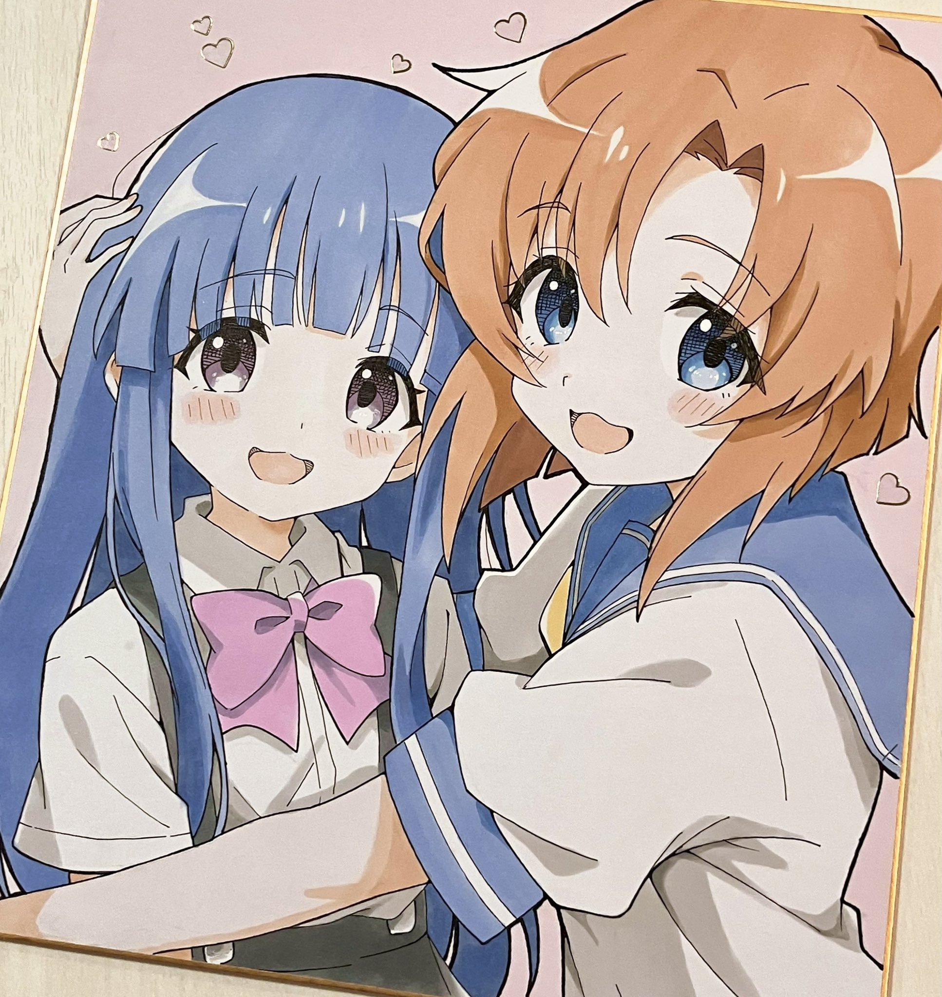 niyane, furude rika, ryuuguu rena, higurashi no naku koro ni, commentary, highres, symbol-only commentary, traditional media, 2girls, :d, blue eyes, blue hair, blue sailor collar, blunt bangs, blush, bow, bowtie, collared shirt, long hair, multiple girls, neckerchief, open mouth, orange hair, parted bangs, pink background, pink bow, pink bowtie, purple eyes, sailor collar, school uniform, serafuku, shirt, short hair, short sleeves, smile, suspenders, upper body, white shirt, yellow neckerchief