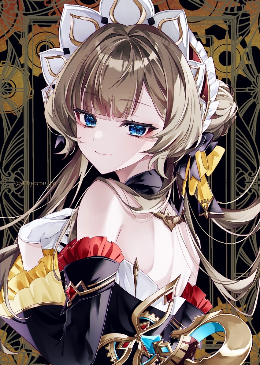 syarou, sandrone (genshin impact), genshin impact, 1girl, bare shoulders, black dress, blue eyes, brown hair, closed mouth, detached sleeves, dress, from side, gloves, hand up, long hair, long sleeves, looking at viewer, solo, twitter username, upper body, white gloves