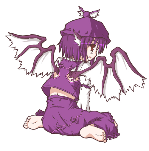 etogami kazuya, mystia lorelei, touhou, 1girl, animal ears, barefoot, brown eyes, feet, female focus, from behind, hat, looking back, purple hair, short hair, simple background, sitting, soles, solo, wariza, white background, winged hat, wings