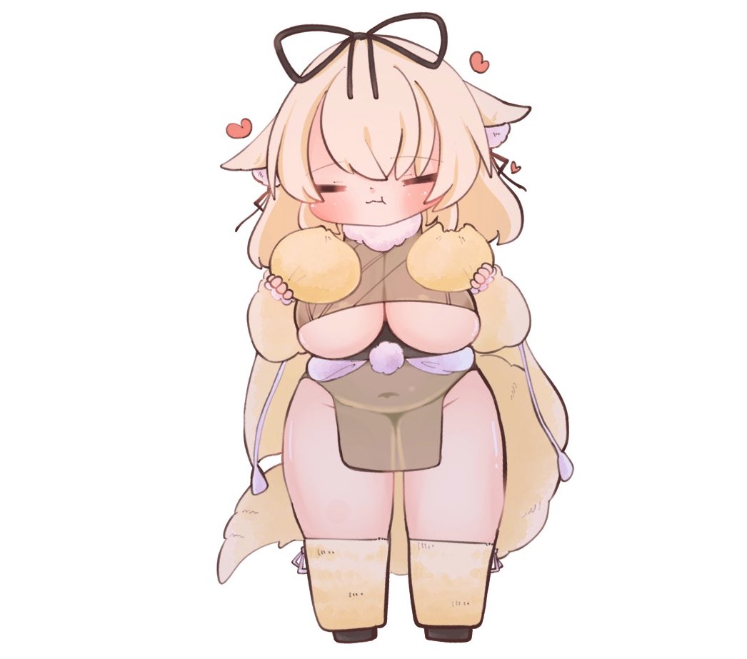oppogatoreta, azur lane, 1girl, animal ear fluff, animal ears, blonde hair, breasts, bun (food), chibi, chibi only, closed eyes, closed mouth, covered navel, eating, full body, hands up, heart, huge breasts, minase (azur lane), pelvic curtain, plum, simple background, solo, underboob, white background