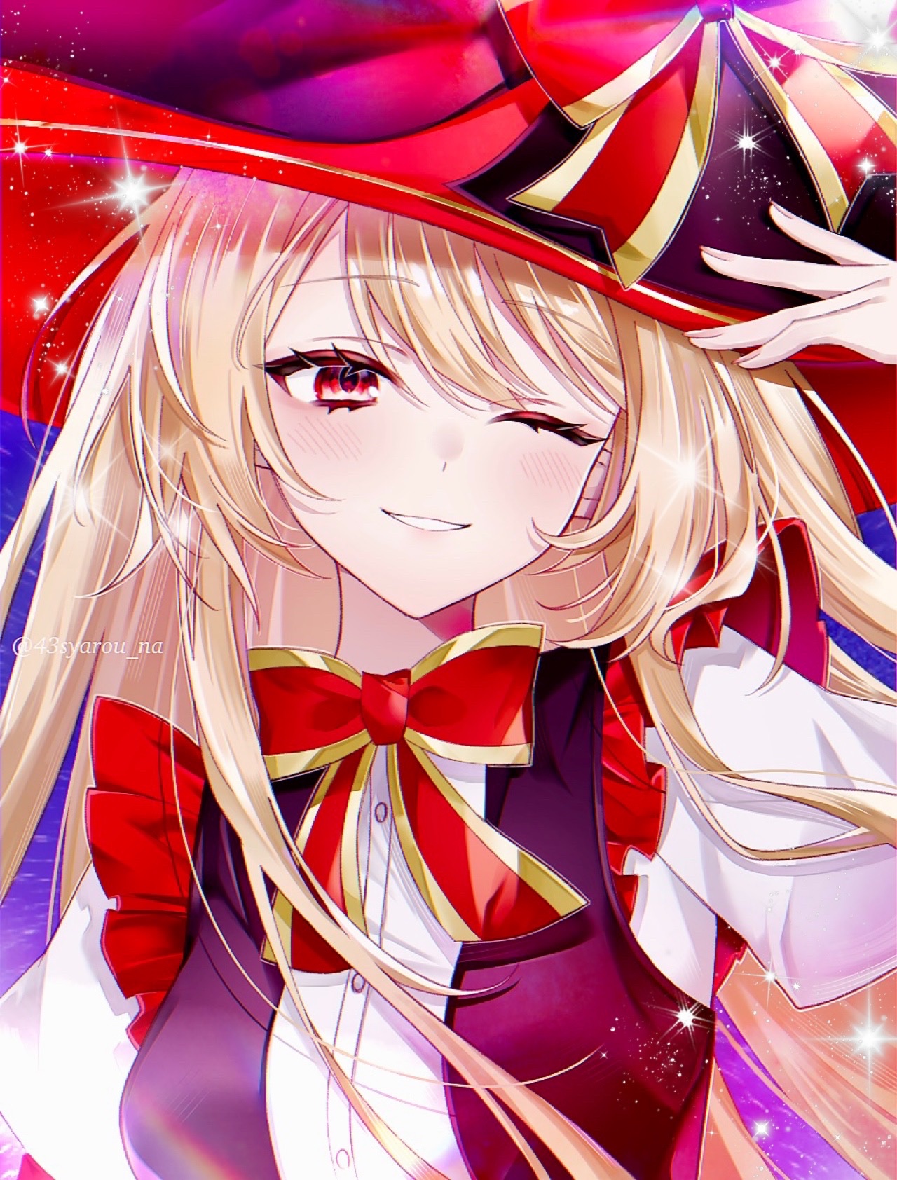 syarou, alice (genshin impact), genshin impact, highres, 1girl, arms up, blonde hair, bow, hat, hat bow, long hair, one eye closed, parted lips, red bow, red eyes, red hat, shirt, smile, solo, twitter username, upper body, white shirt